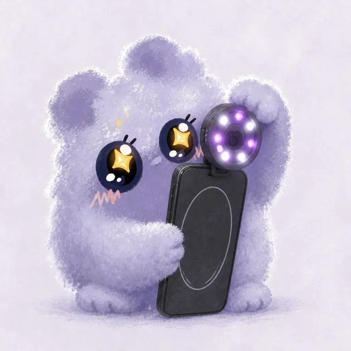 The BlueBerry mascot scanning with Mark.1 clipped on